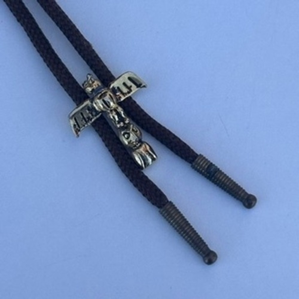 Vintage Totem Pole Bolo Tie Gold Tone Eagle Slide Brown Cord Western - Flaws